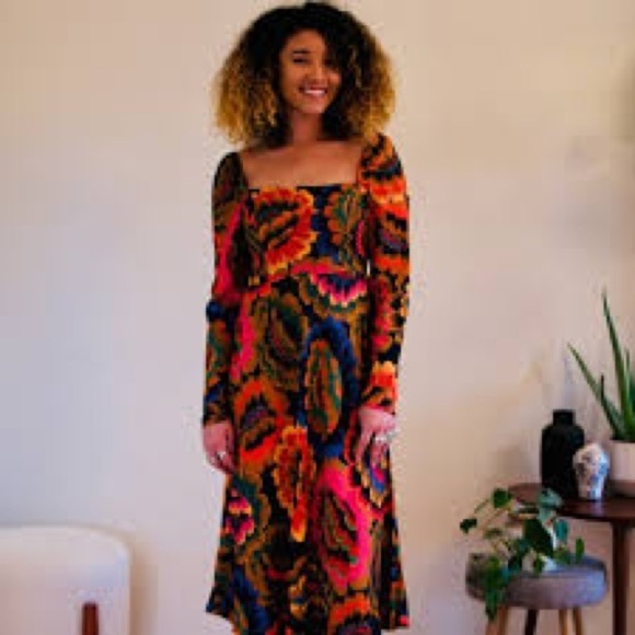 Farm Rio Floral Long Sleeve Midi Dress Size Medium - Picture 9 of 9